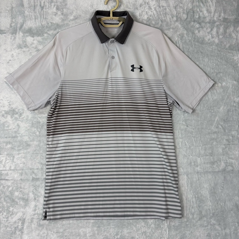 Under Armour Golf Polo Shirt Mens Medium Gray Brown Striped Loose Short Sleeve